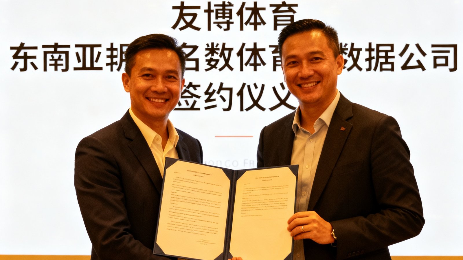 友博体育与东南亚知名体育数据公司战略合作签约仪式现场照片，双方代表握手并展示合作协议文件