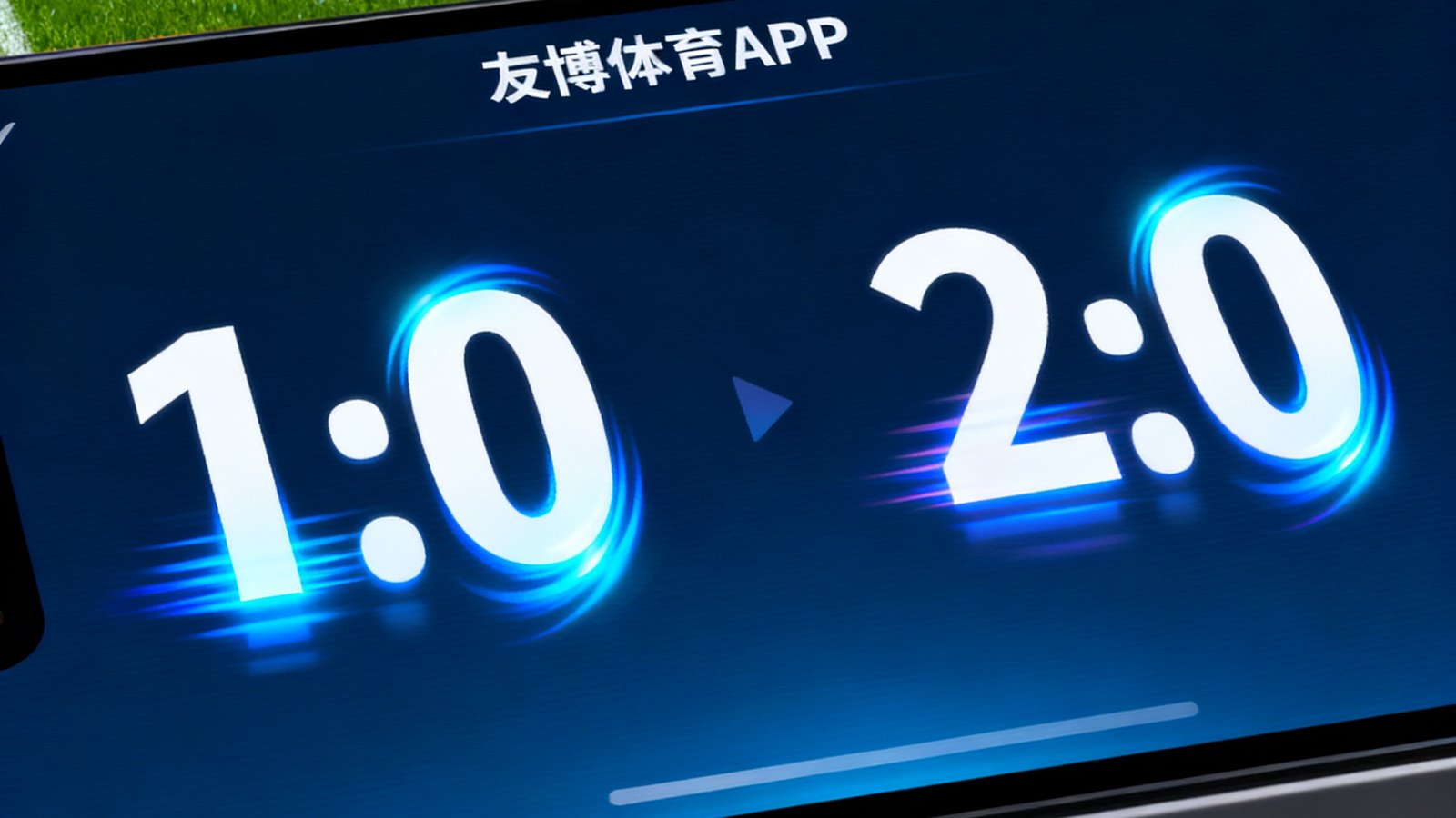 友博体育APP即时比分更新界面特写，屏幕显示足球比赛实时比分从1比0变为2比0的瞬间，数字带有动态光效，背景为球场绿茵
